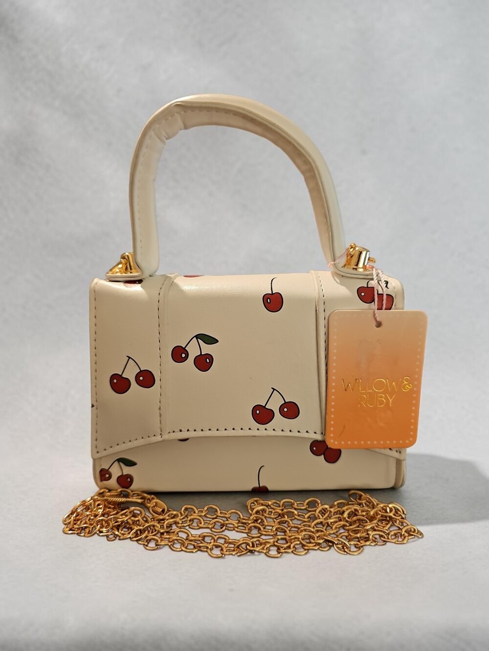 Nwt Willow & Ruby Cream Cherry-Print Mini Top-Handle Bag with Gold Chain